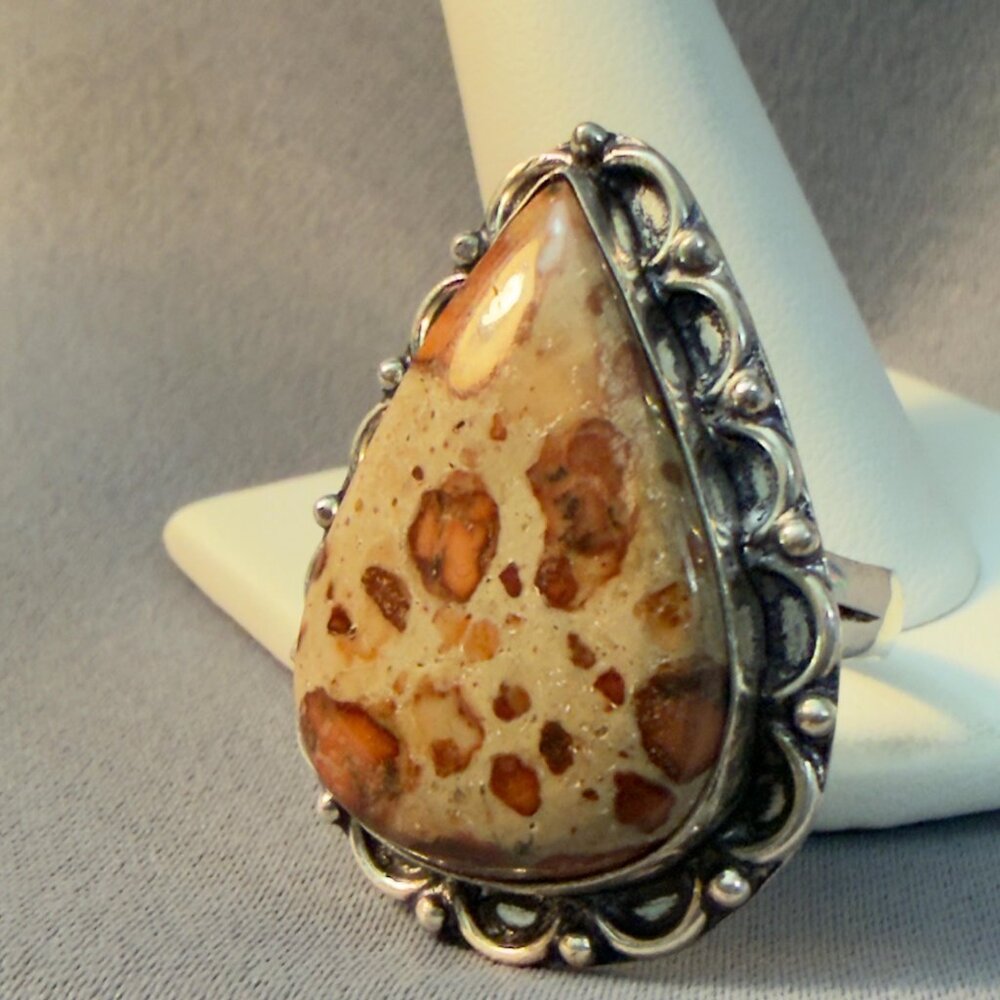 Jasper Ring Natural Stone Cabochon Silver Tone Statement Ring Size 10 - Picture 3 of 7